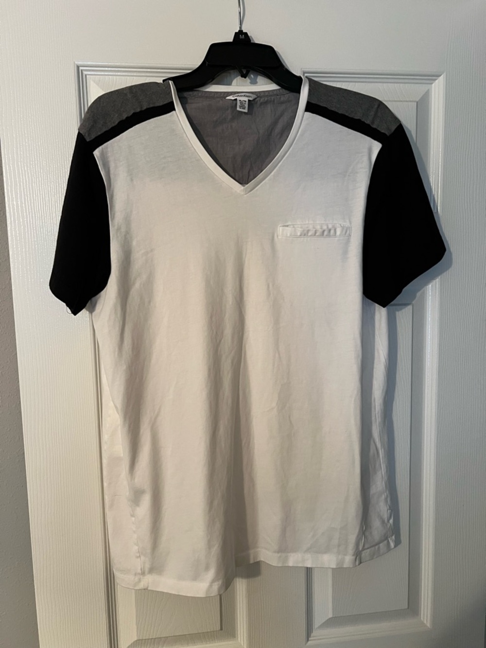 Men's V-Neck Short Sleeve Shirt in White with Black & Gray Accents